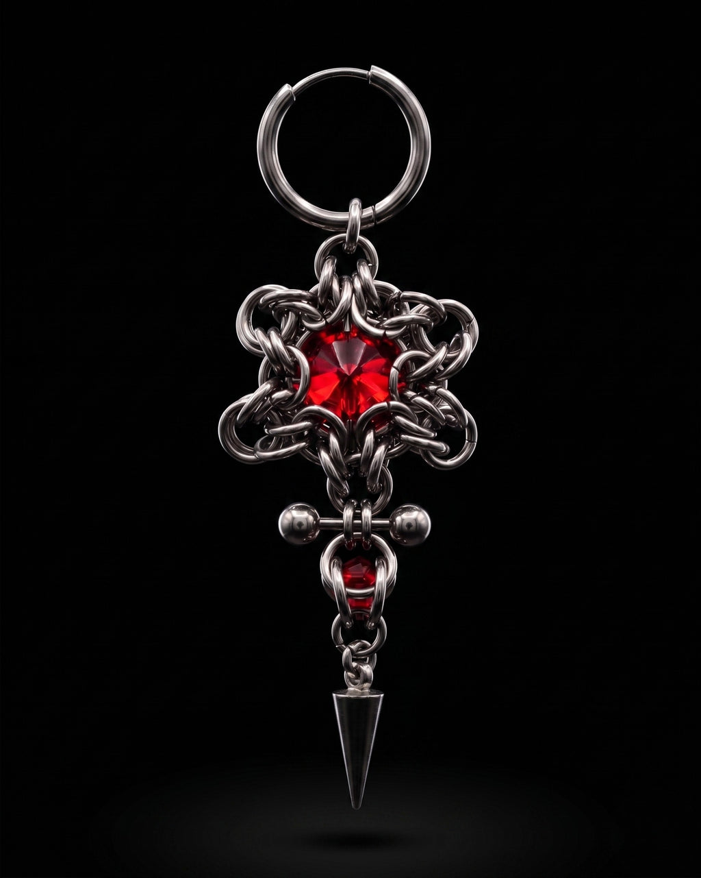 bloodthorn chainmail spike earrings red crystal gothic drop jewellery handmade stainless steel