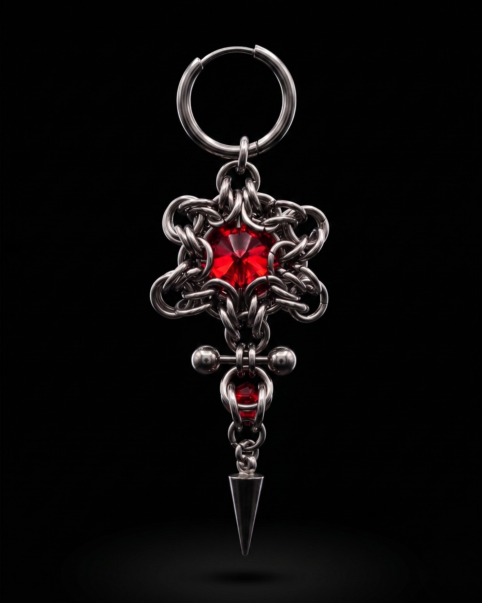 bloodthorn chainmail spike earrings red crystal gothic drop jewellery handmade stainless steel