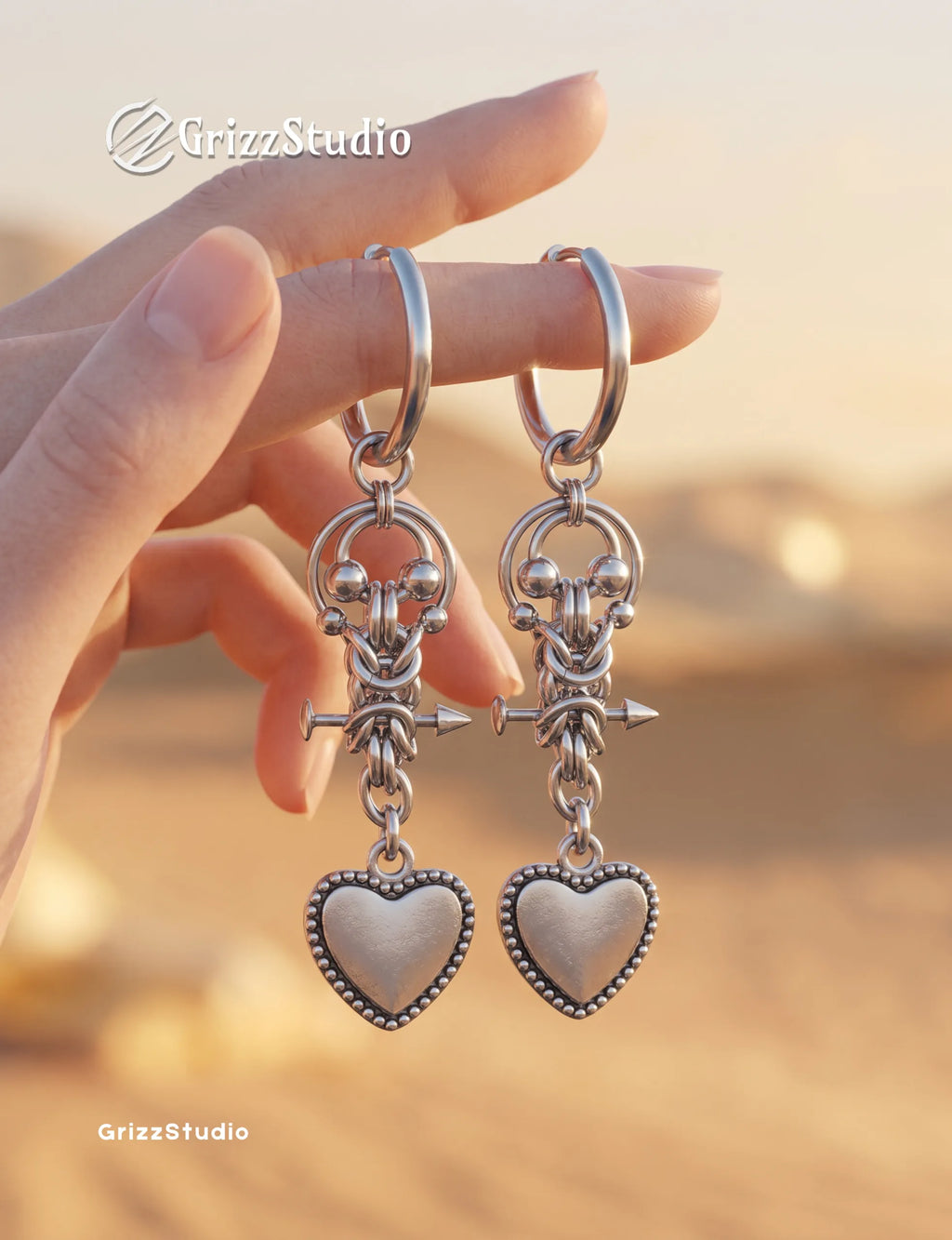 chainmail heart drop earring gothic statement jewellery handmade dark fashion