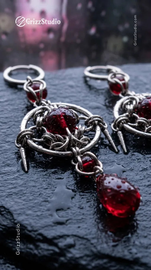 Crimson Blood Sigil Gothic Chainmaille Earrings – Handmade Dark Statement Jewelry