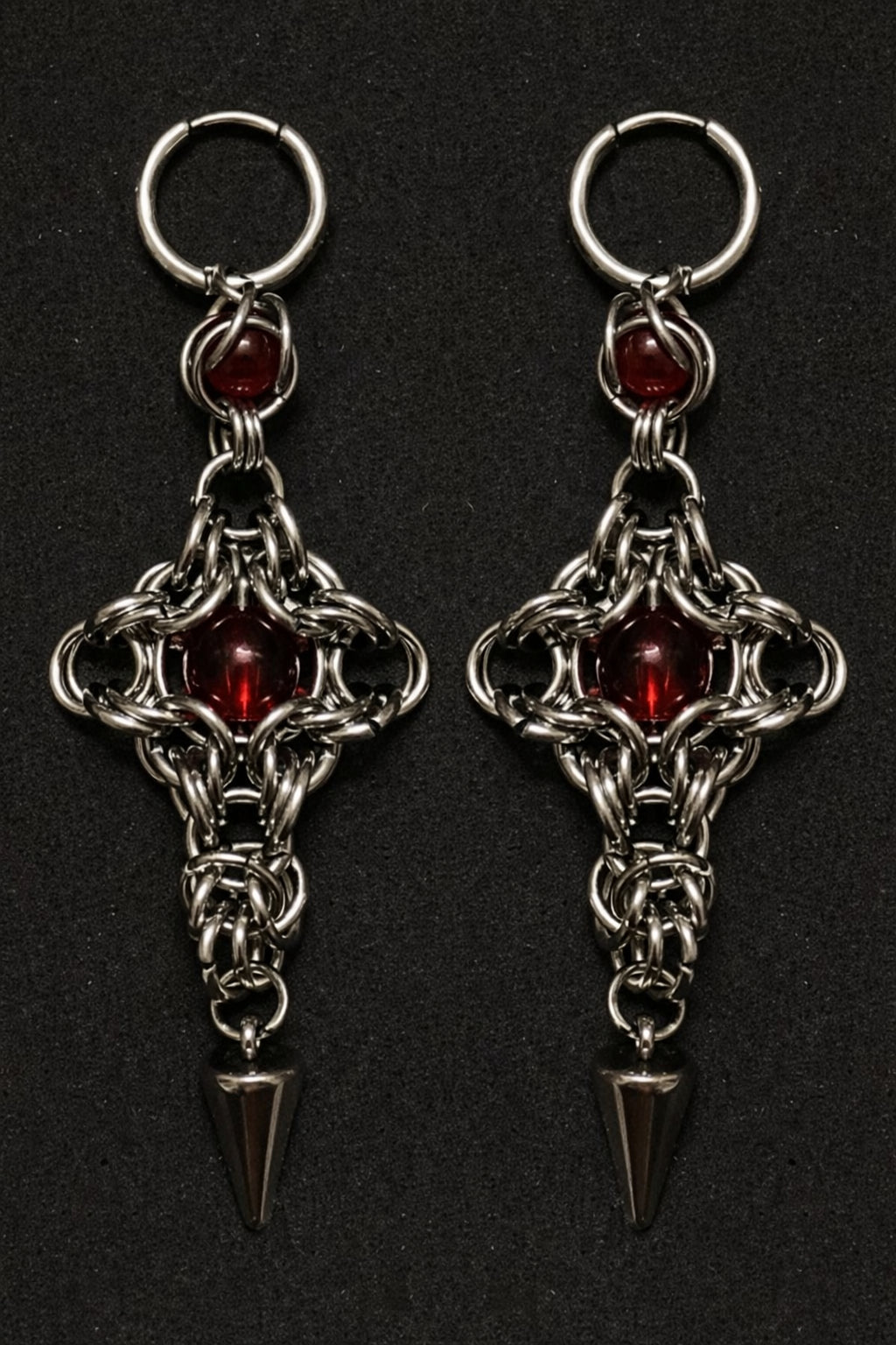 Crimson Sigil Chainmail Drop Earrings – Handmade Gothic Alternative Jewelry