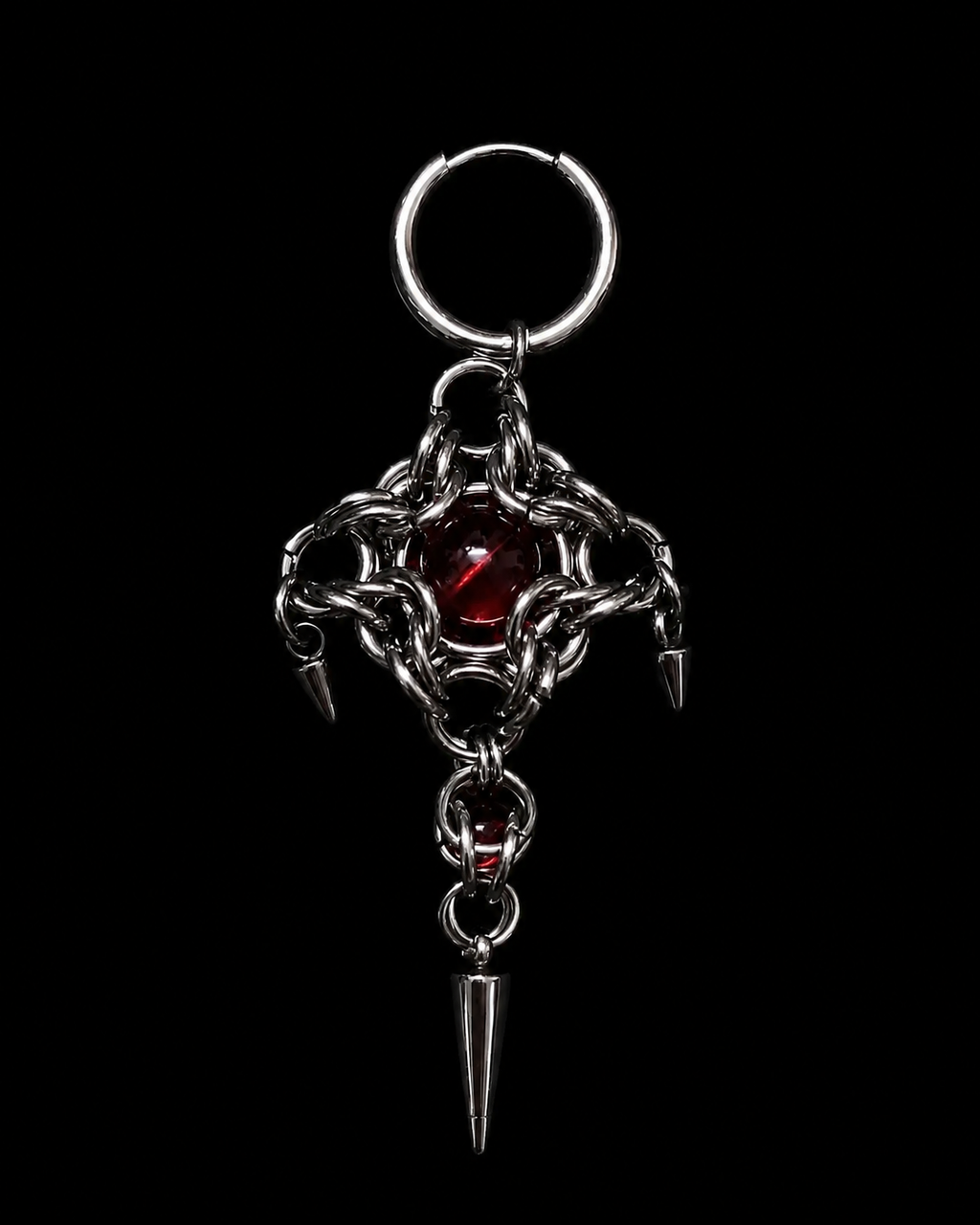 Crimson Core Chainmail Earrings with Industrial Spikes – Handmade Gothic Jewelry
