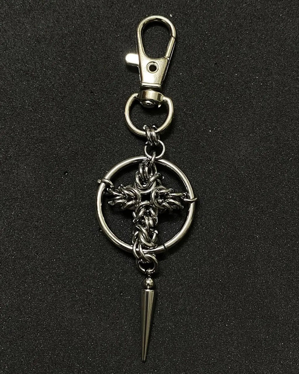 Handmade gothic chainmail cross keychain with stainless steel spike pendant