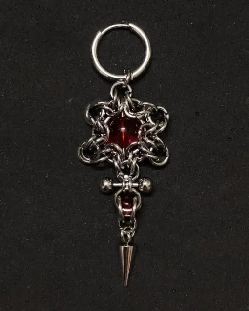 gothic drop earring red crystal chainmail spike handmade dark jewellery side view