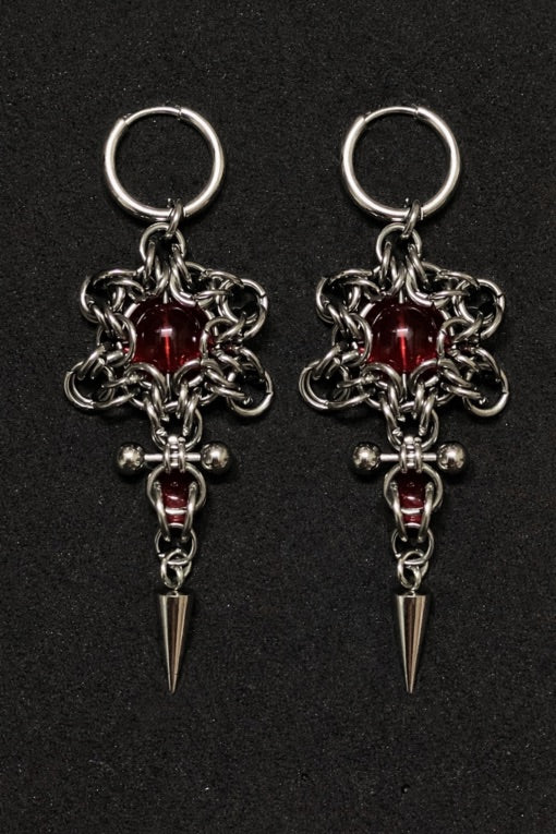 bloodthorn chainmail earring red crystal spike handmade gothic jewellery dark alternative style