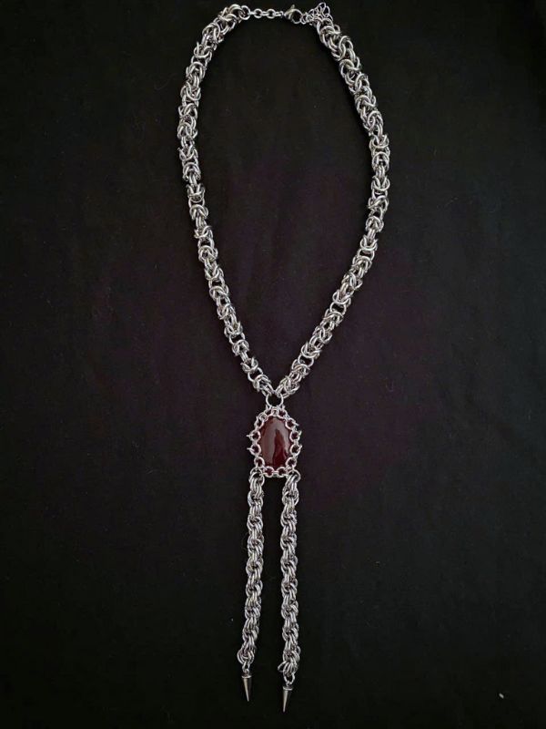 Gothic Chainmail Bolo Tie Necklace – Red Obsidian Centerpiece
