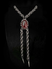 Gothic Chainmail Bolo Tie Necklace – Red Obsidian Centerpiece