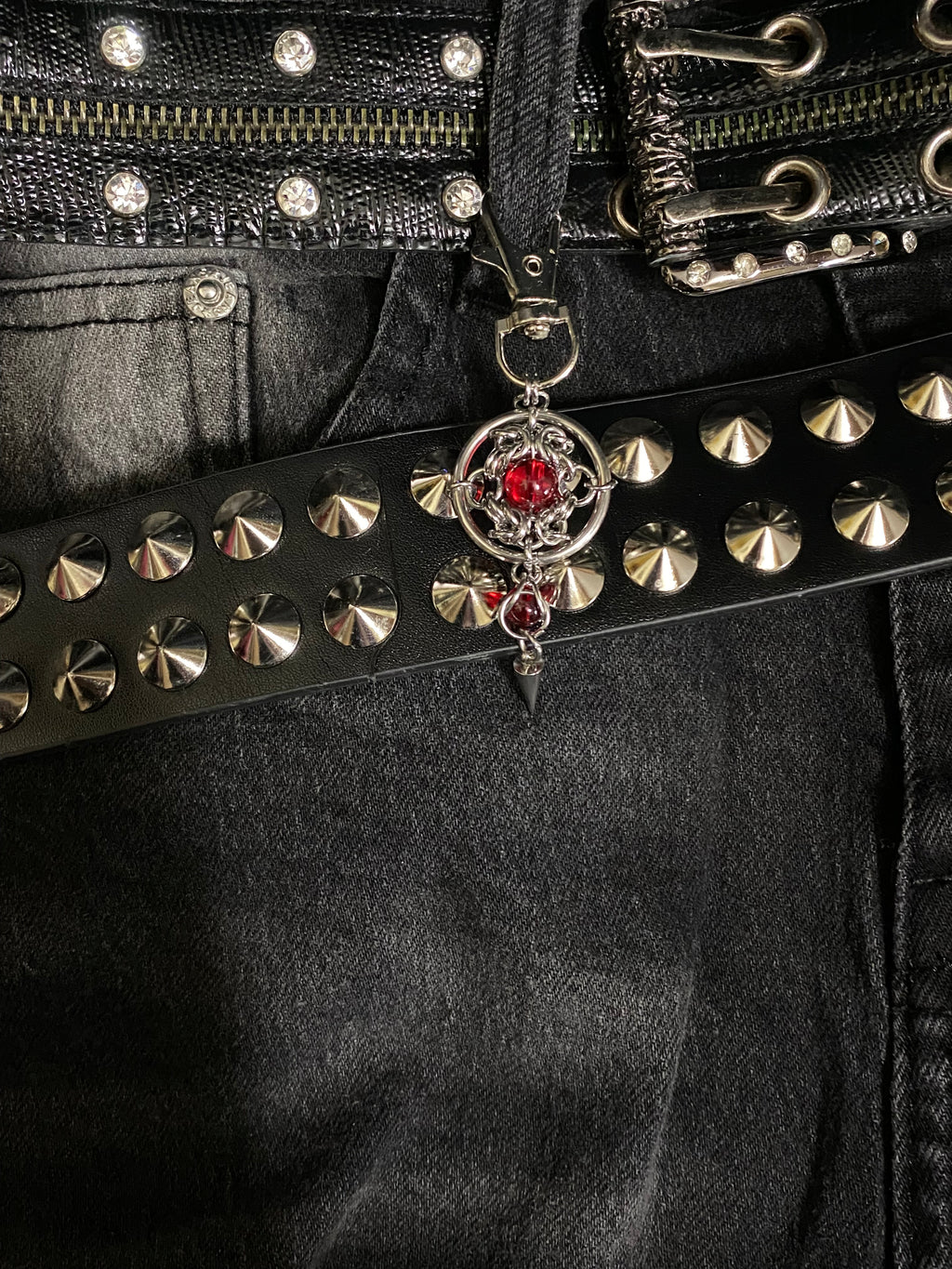 Red Core Chainmail Keychain with Steel Spike - Stainless Steel Gothic/Industrial Bag Charm