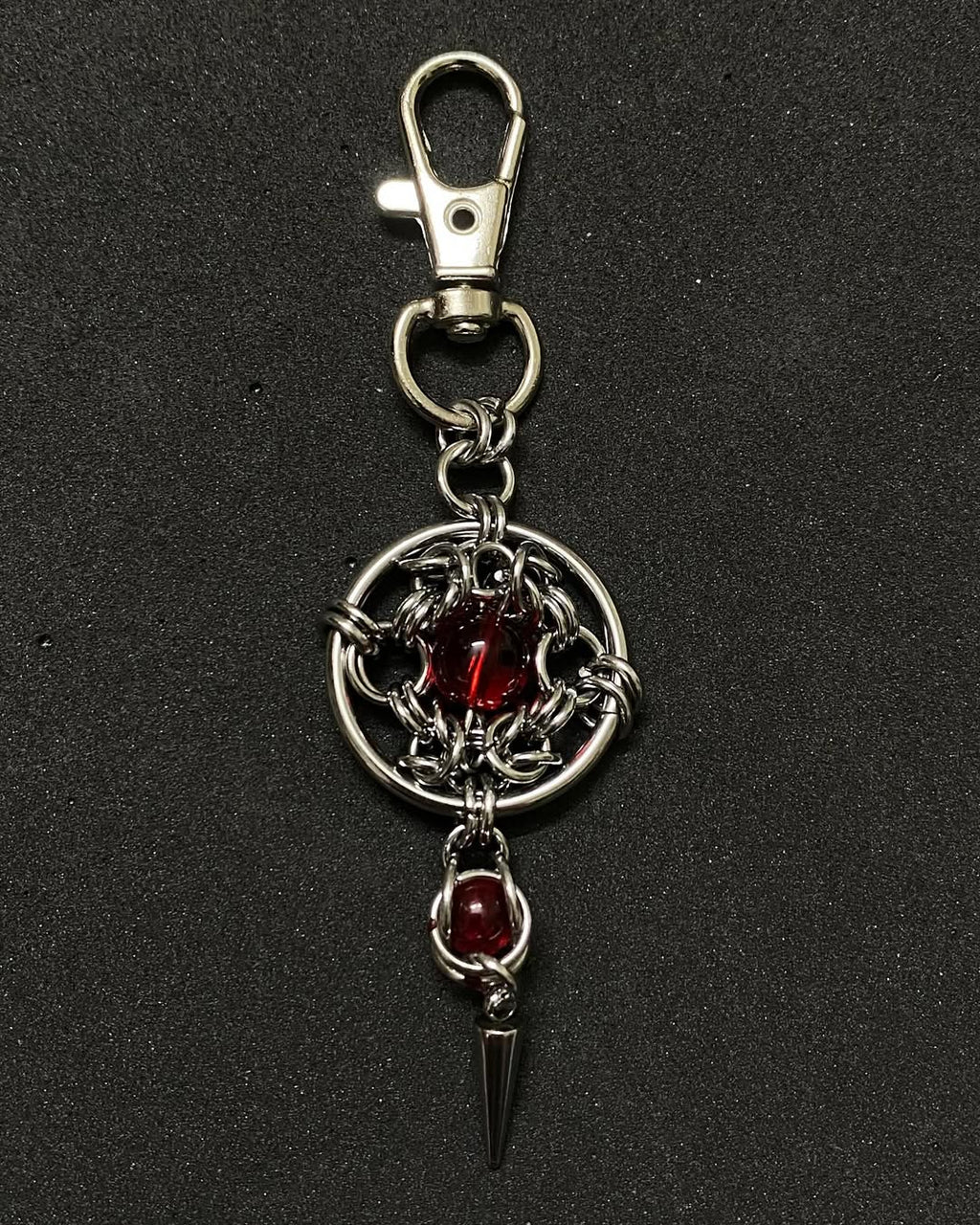 Red Core Chainmail Keychain with Steel Spike - Stainless Steel Gothic/Industrial Bag Charm
