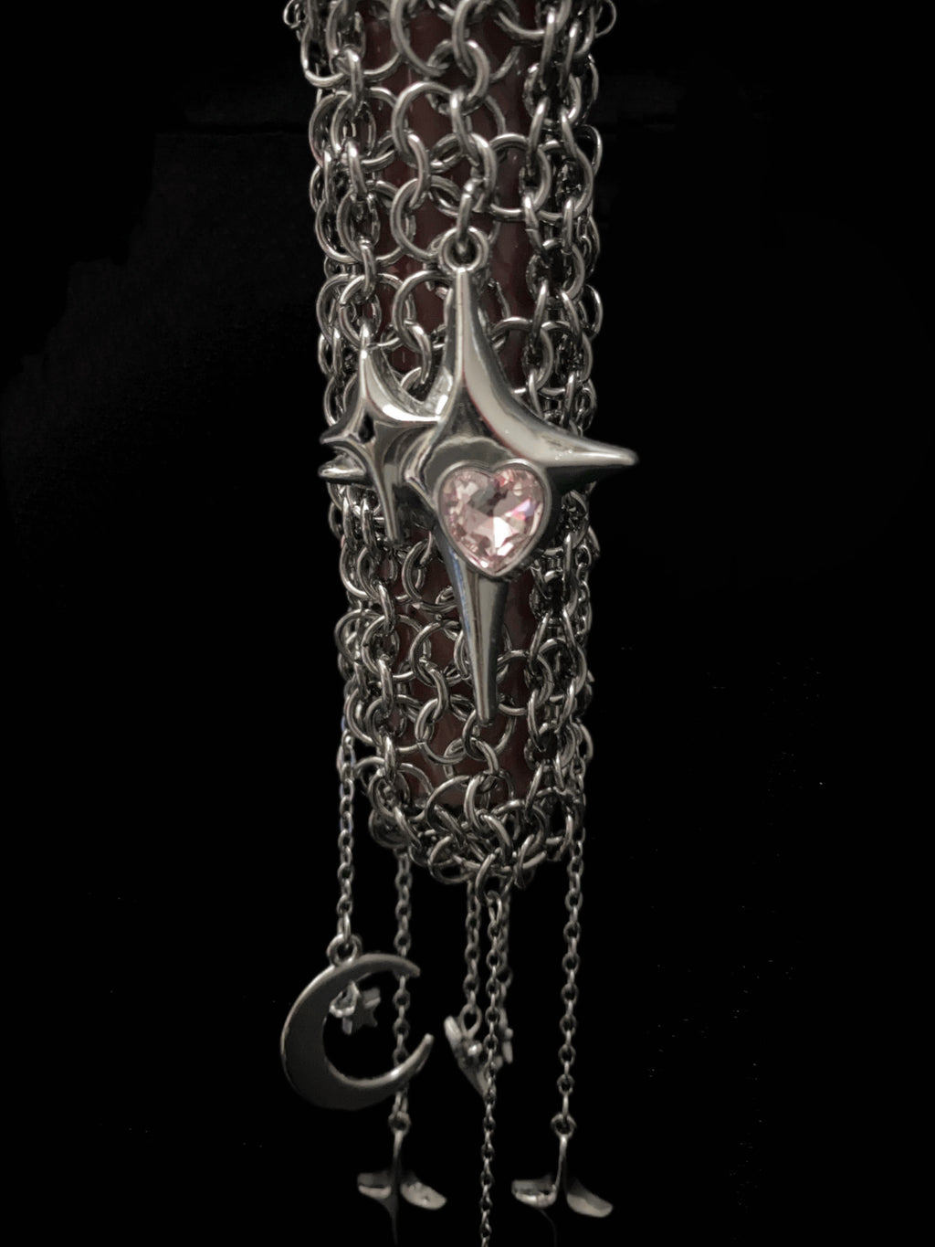 gothic chainmail lighter case with moon star charms celestial dark accessory front view
