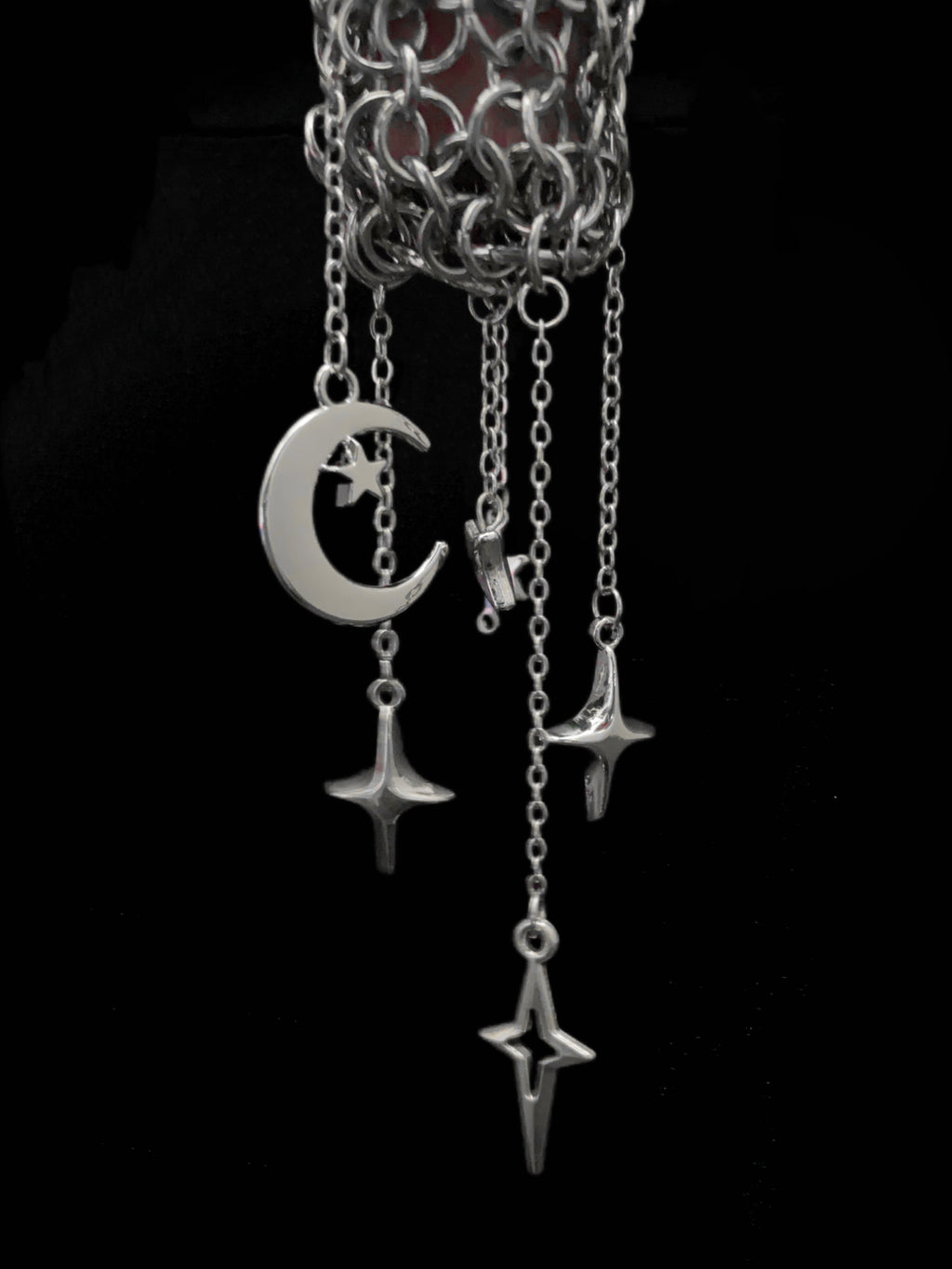 handmade chainmail lighter case moon star charm gothic alternative gift silver tone