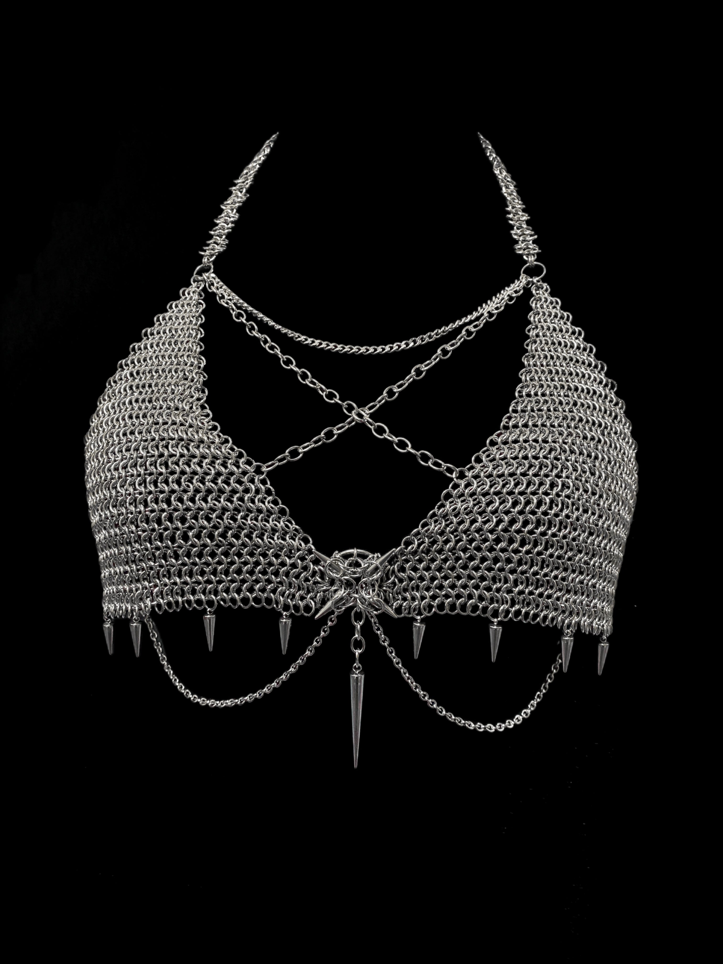 chainmail lingerie gothic handmade stainless steel bra dark fashion detail view