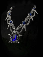 gothic spiked chainmail necklace blue sapphire crystal pendant stainless steel dark jewellery