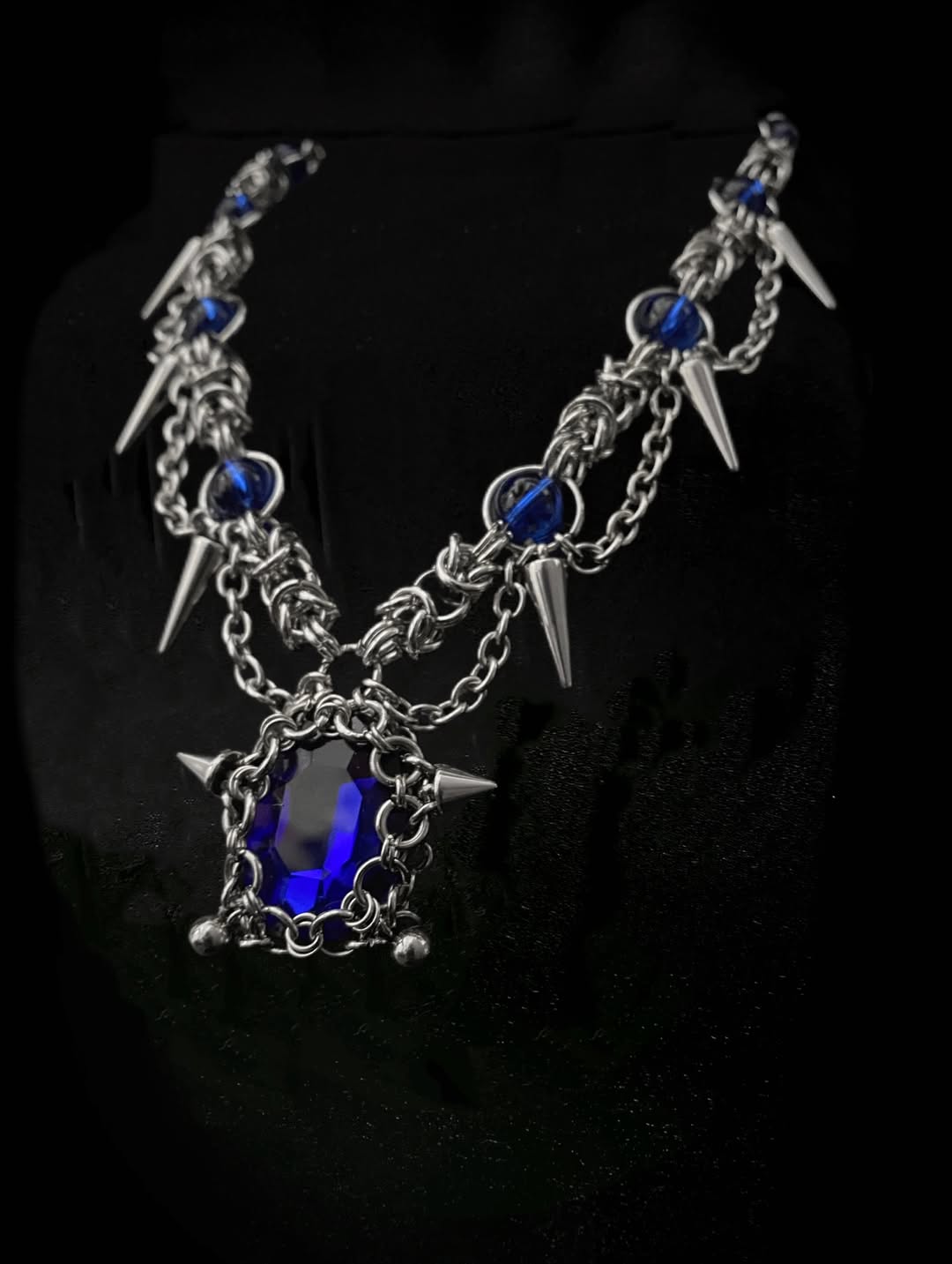 Blue Crystal Spike Chainmail Necklace - Gothic Spiked Silver Chain with Sapphire Pendant