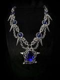 Blue Crystal Spike Chainmail Necklace - Gothic Spiked Silver Chain with Sapphire Pendant