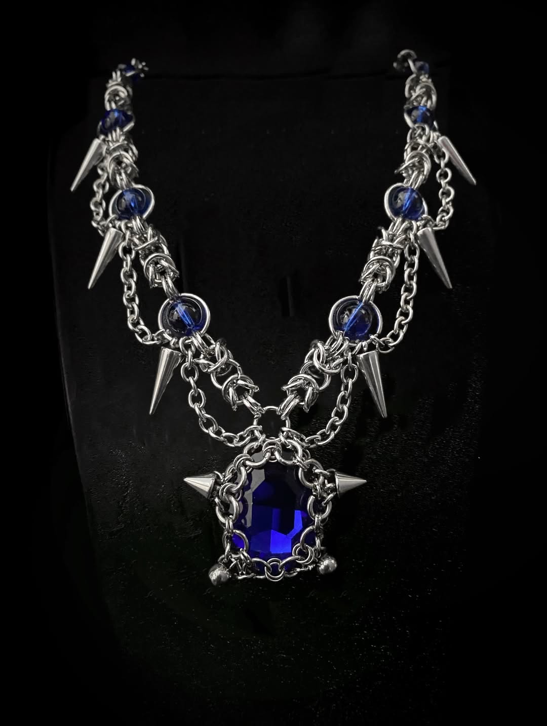 Blue Crystal Spike Chainmail Necklace - Gothic Spiked Silver Chain with Sapphire Pendant