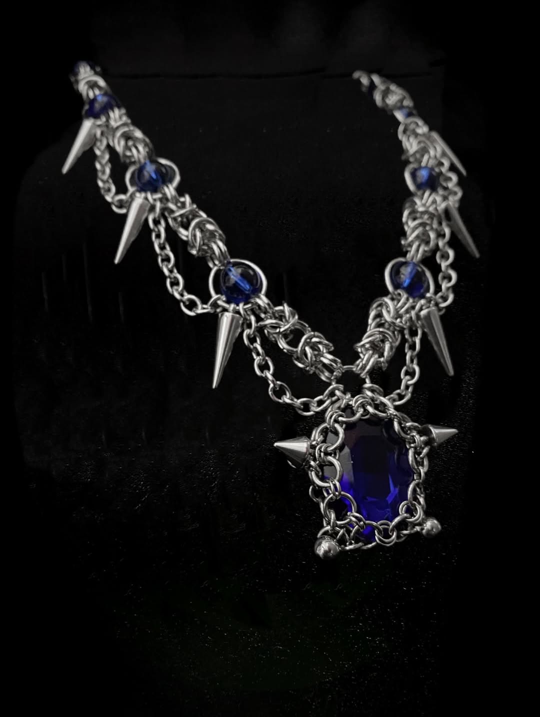Blue Crystal Spike Chainmail Necklace - Gothic Spiked Silver Chain with Sapphire Pendant