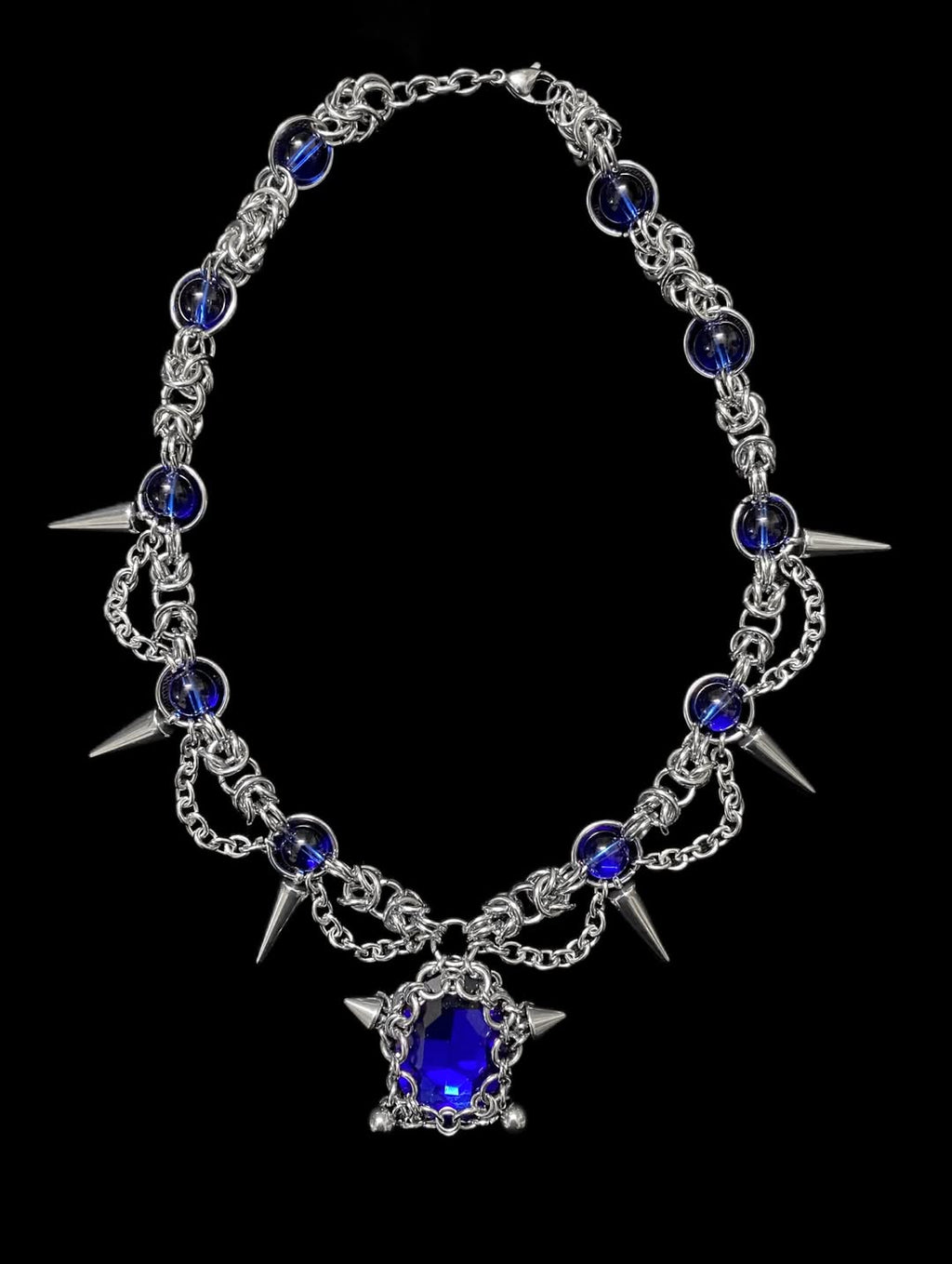 Blue Crystal Spike Chainmail Necklace - Gothic Spiked Silver Chain with Sapphire Pendant