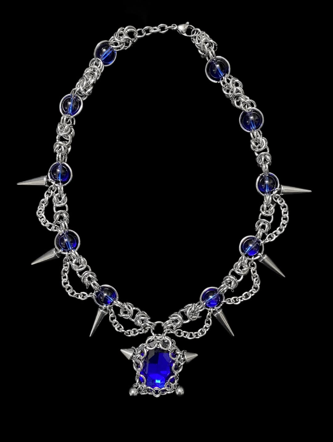 Blue Crystal Spike Chainmail Necklace - Gothic Spiked Silver Chain with Sapphire Pendant