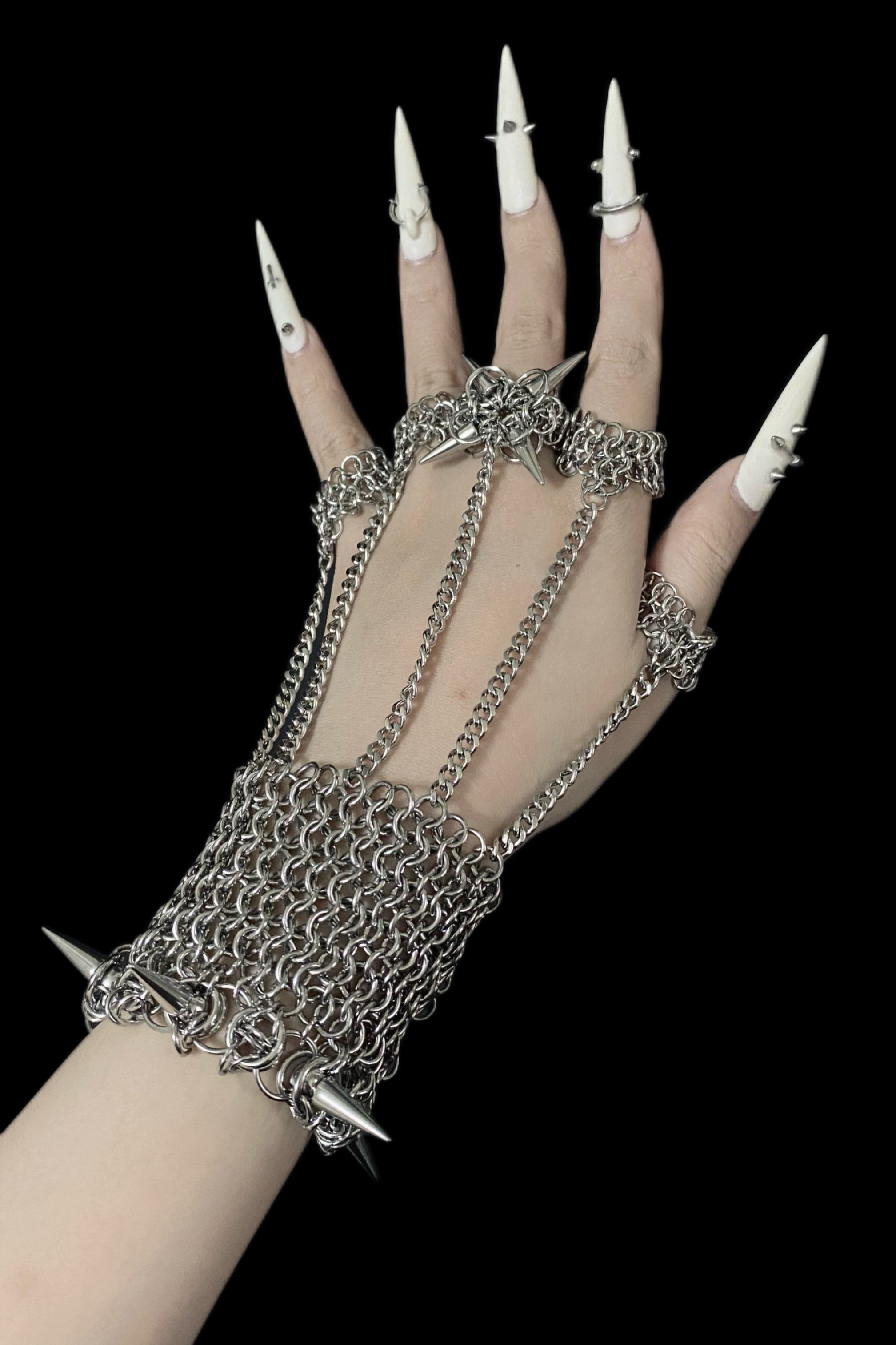 gothic spike chainmail hand harness bracelet armour-inspired handmade alternative jewellery dark fashion