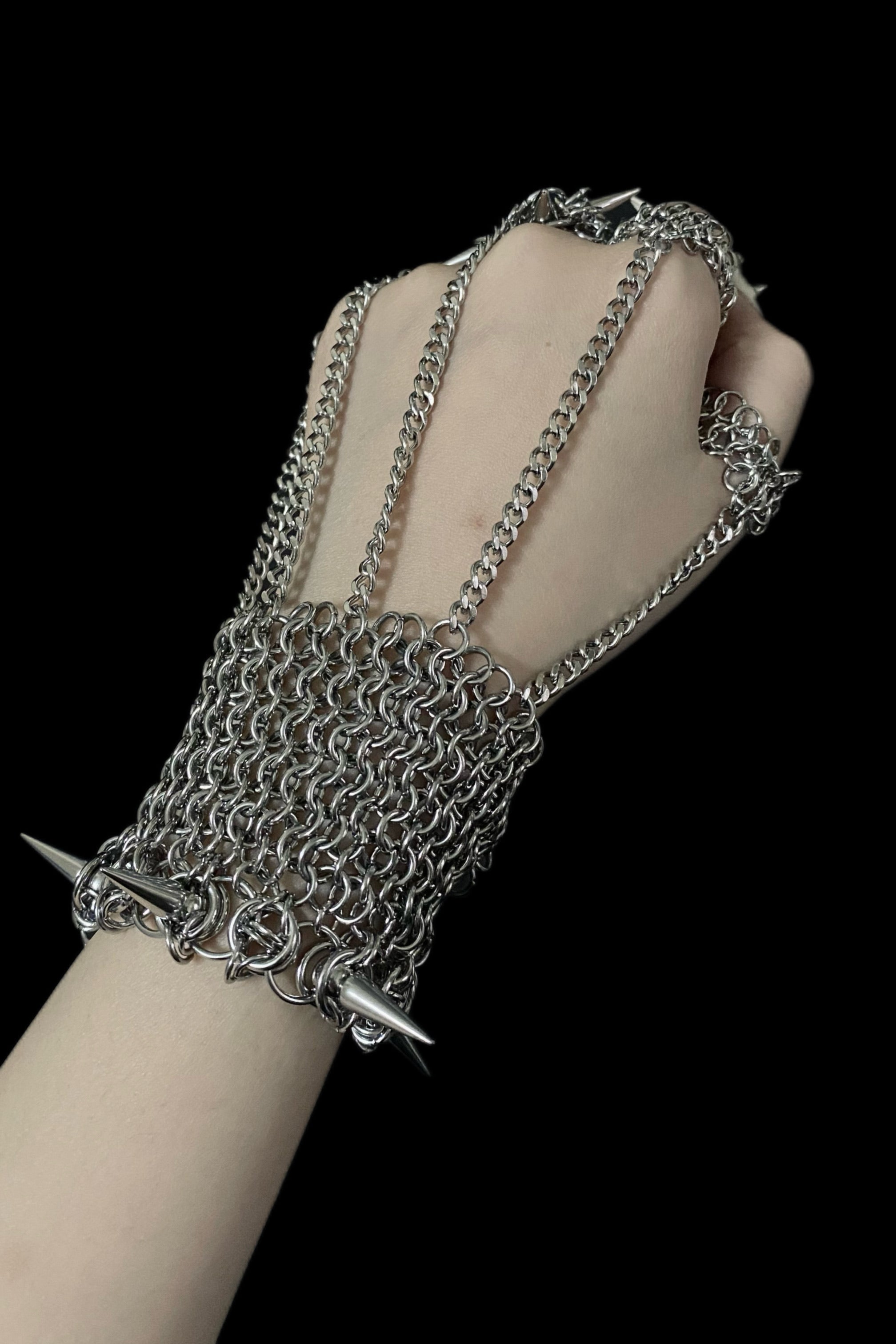 chainmail hand harness bracelet gothic spike design stainless steel wrist jewellery