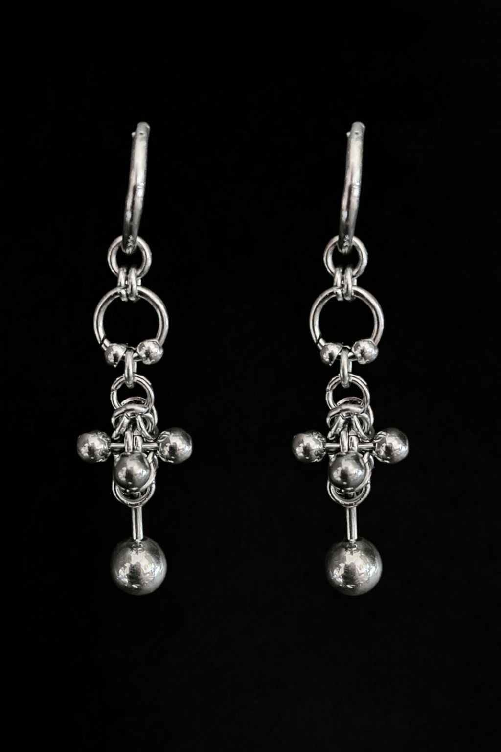 gothic chainmail drop earring sculpted steel bead industrial handmade dark jewellery