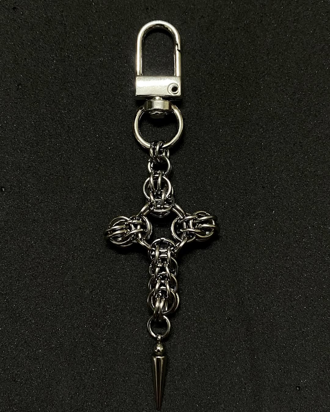 Medieval Chainmail Cross Spike Keychain — Handmade Gothic Metal Accessory