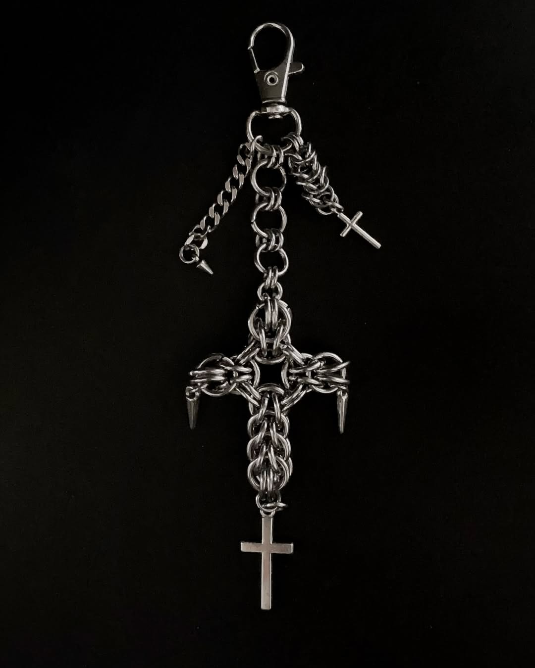 Sanctum Thorn Gothic Chainmail Cross Keychain - Handmade Dark Metal EDC