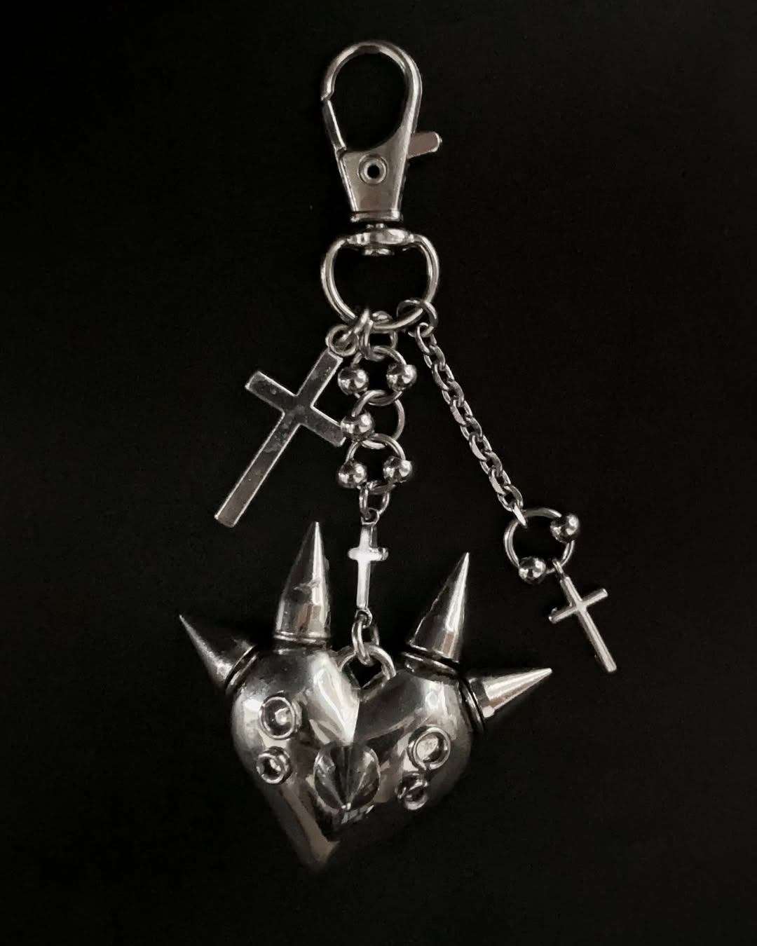 Spiked Relic Heart Gothic Keychain - Handmade Dark Metal with Cross Charms