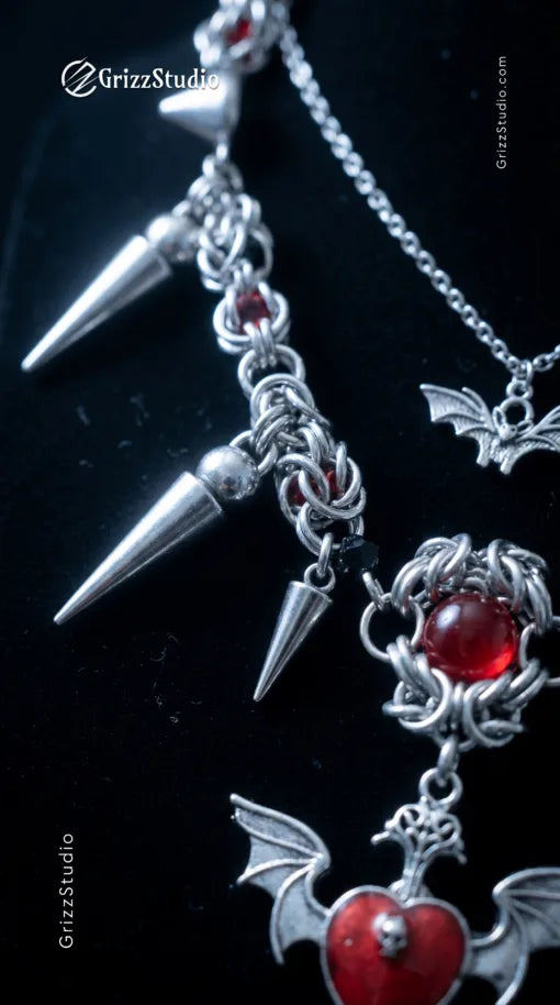 Crimson Bat Wing Heart Pendant Necklace