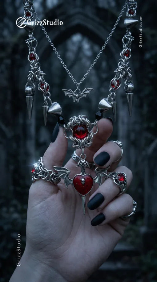 Crimson Bat Wing Heart Pendant Necklace