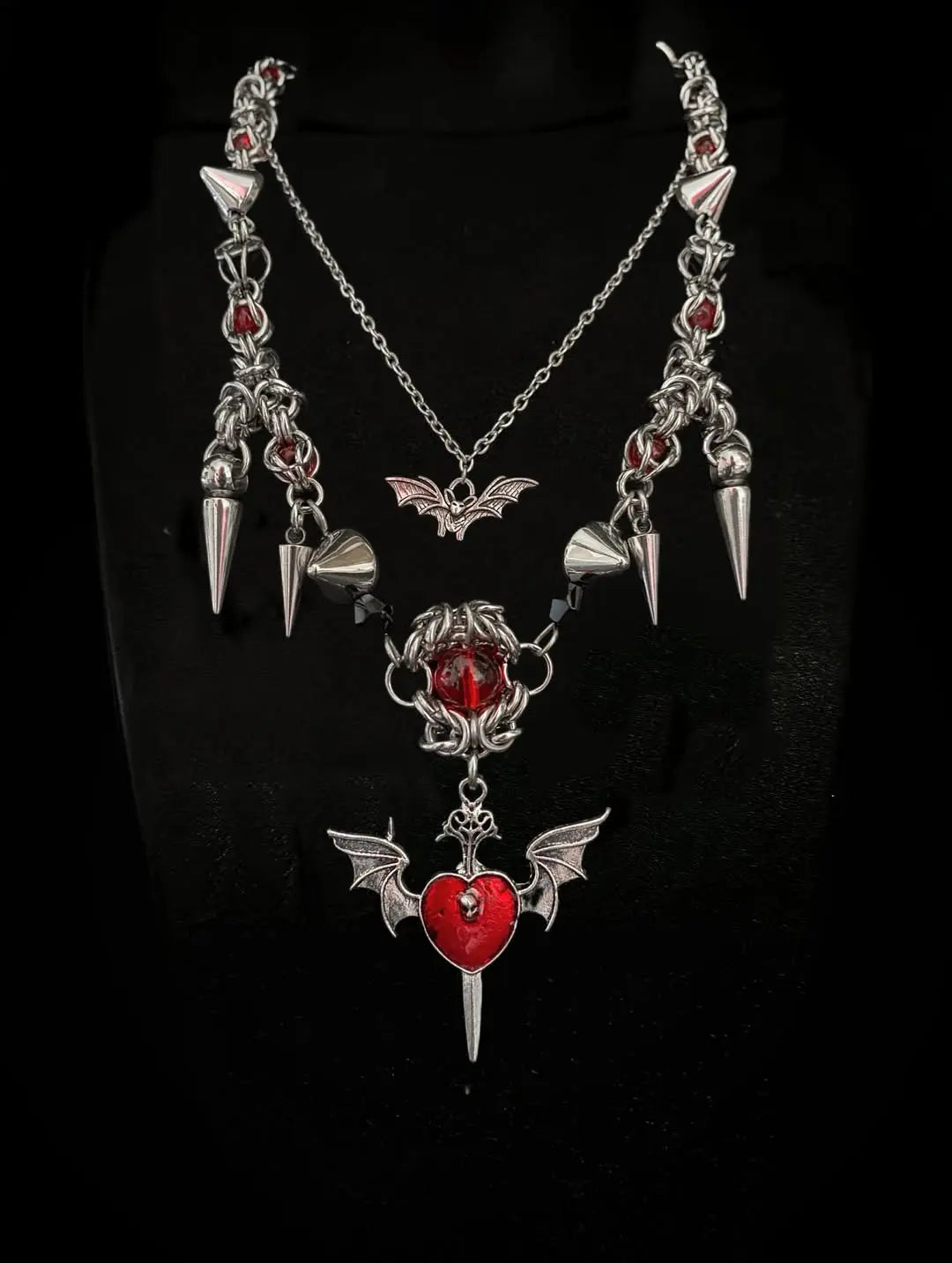 Crimson Bat Wing Heart Pendant Necklace