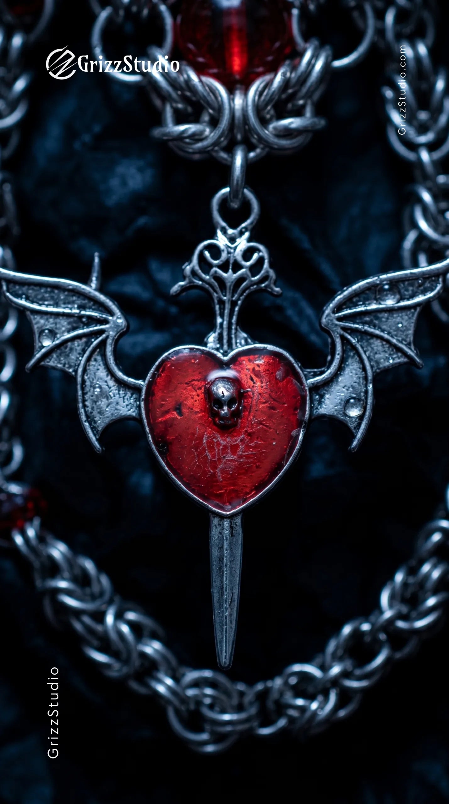 Crimson Bat Wing Heart Pendant Necklace