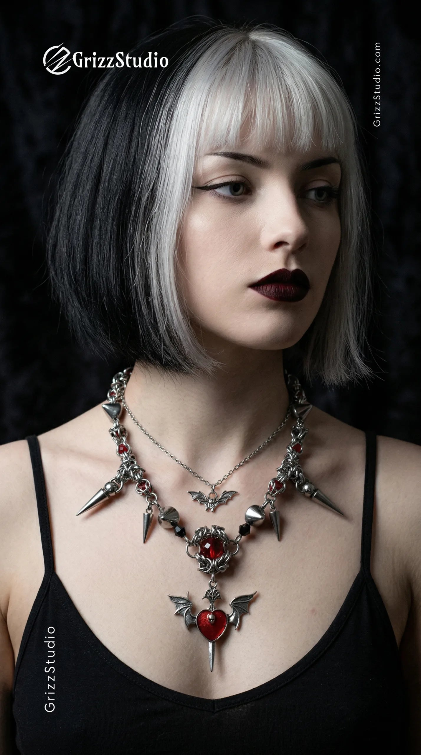 Crimson Bat Wing Heart Pendant Necklace