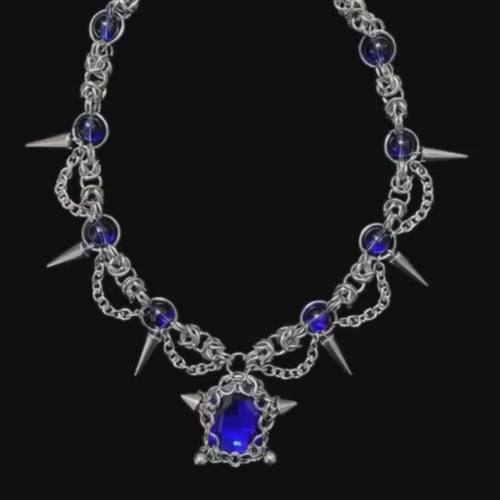 Blue Crystal Spike Chainmail Necklace - Gothic Spiked Silver Chain with Sapphire Pendant