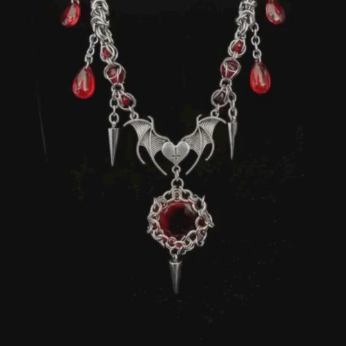 Crimson Nightwing Chainmail Necklace with Bloodstone Bat Crest
