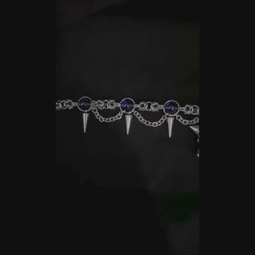 Blue Crystal Spike Chainmail Necklace - Gothic Spiked Silver Chain with Sapphire Pendant